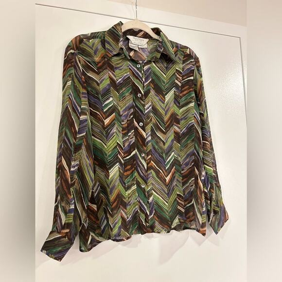 EUC Max Mara 100% Silk Sheer Button-Up Blouse Chevron Green Brown Purple Size 8 - Picture 4 of 9
